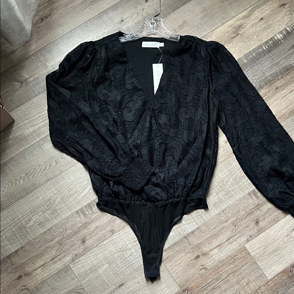 NanaMacs Black Floral Jacquard Long-Sleeve Bodysuit
